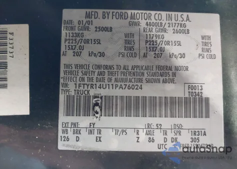2001 Ford Ranger Edge/Xl/Xlt from USA, damaged, VIN 1FTYR14U11PA76024
